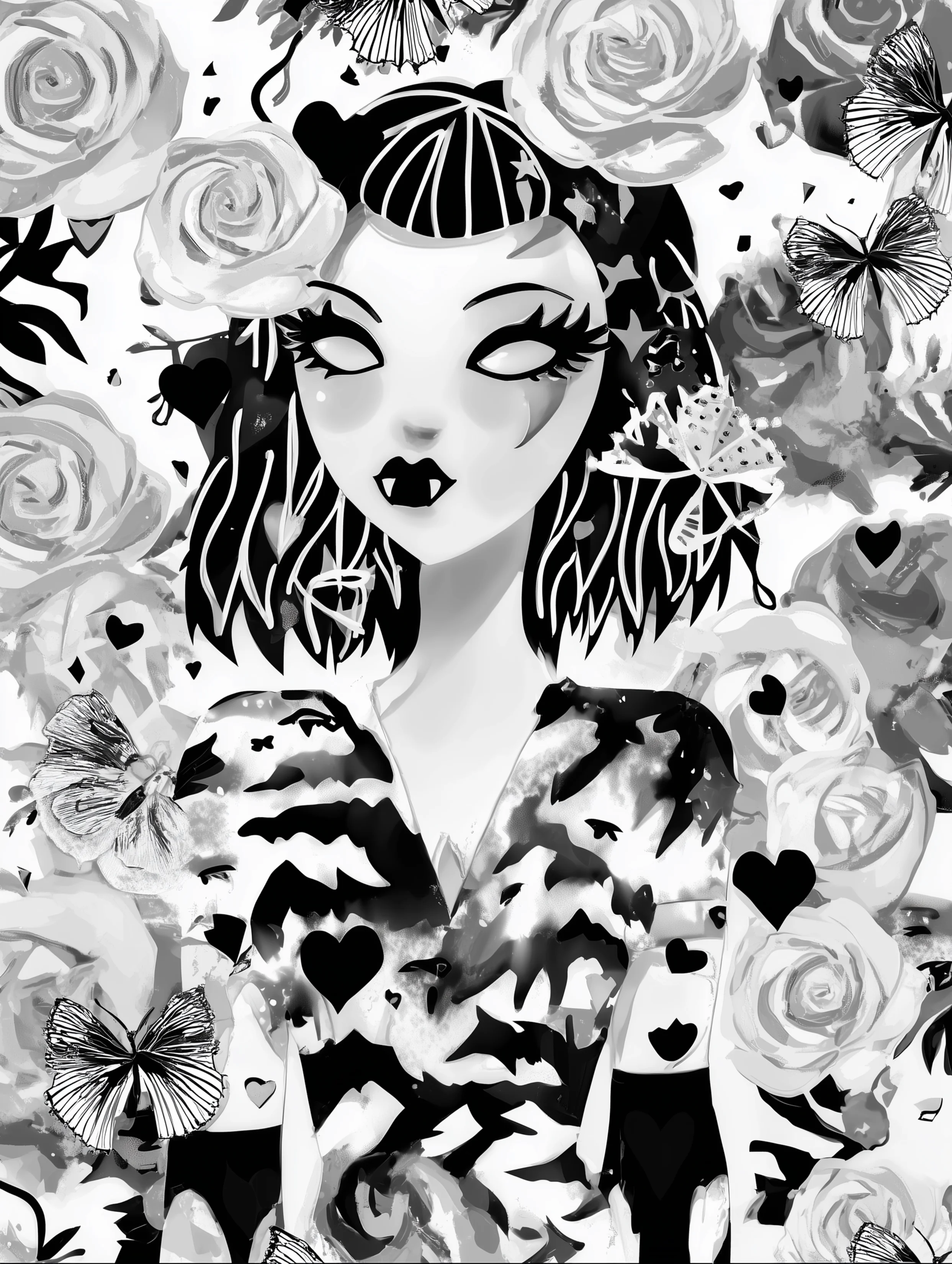 Free printable vampire coloring page for adults featuring roses around a vampire lady